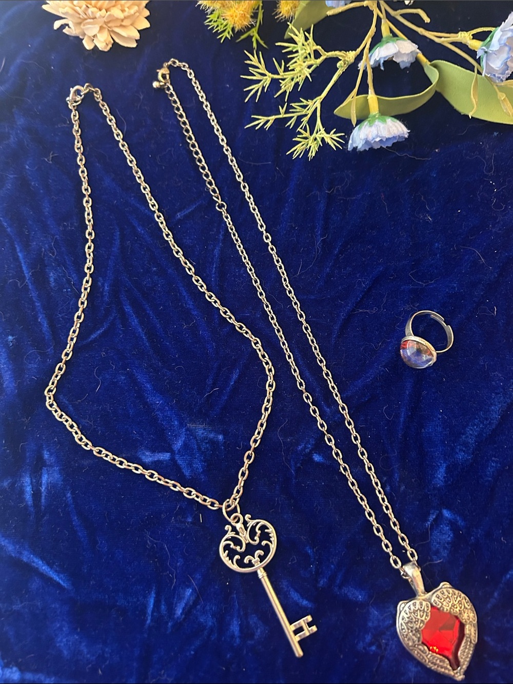 Key Necklace &  Red Heart Necklace with Eyeball Ring Bundle